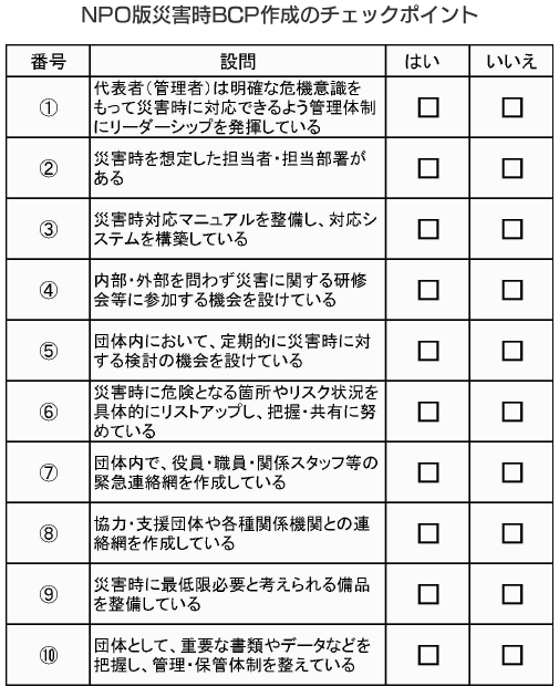 NPO版災害時BCP作成のチェックポイント